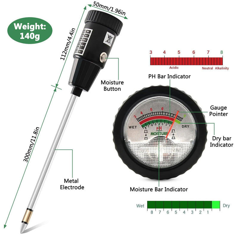 2 in 1 Soil PH Meter Soil Moisture Sensor Meter Soil PH Tester Soil Test Kit Gardening Tool for Indoor Outdoor Plant Garden Lawn Farm Waterproof Metal Electrode 295mm Long