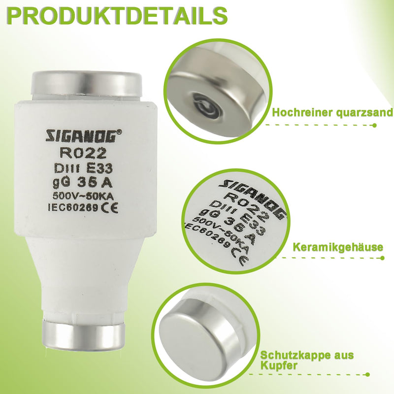 Neozed 5pcs Ceramic DIII Fuse gG Type 35A 500VAC for Cable and Line Protection