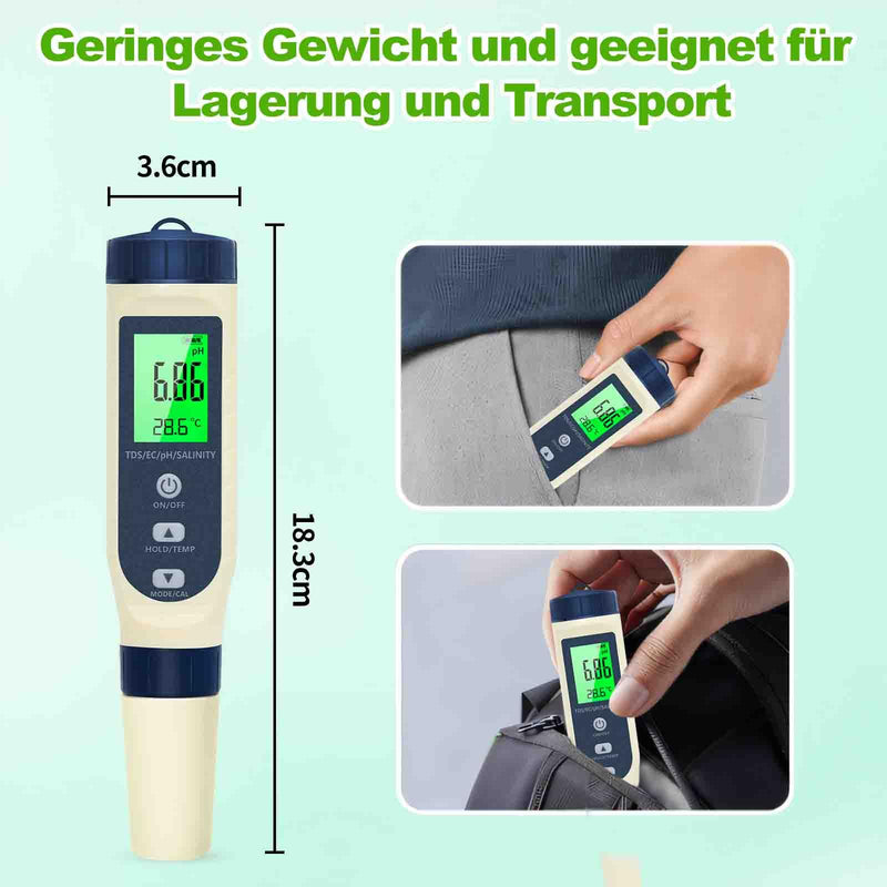 PH Meter Water, PH/TDS/EC/Salinity/Temp 5 in 1 pH Value Meter | With LCD display, automatic temperature compensation pH tester, high-precision water tester, ideal for drinking water, pool blue