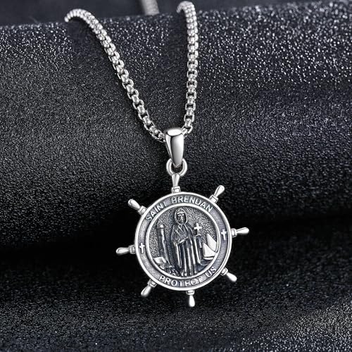 Saint Brendan Necklace S925 Sterling Silver Saint Brendan Coin Medal Pendant Necklace Protection Jewelry for Men Women Religion Gifts