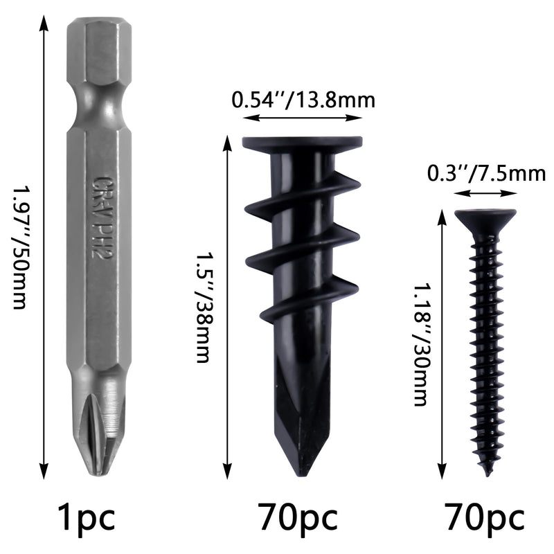 [Australia - AusPower] - KURUI Black Self Drilling Drywall Anchors, 140PCs #8 Dry Wall Anchors and Flat Head Screws Kit, 70 Anchors + 70 Screws, 75LB Heavy Duty Hanging for Picture Frames Wall Decor Art, Sheetrock Hangers 