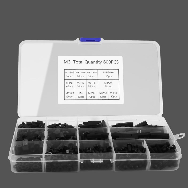 [Australia - AusPower] - 600PCS M3 Male Female Nylon Hex Spacer Standoffs Screws Nuts, Motherboard Standoffs and Screws Assortment Kit, Threaded Pillar for Circuit Board PCB Motherboard (Black) 600PCS M3 