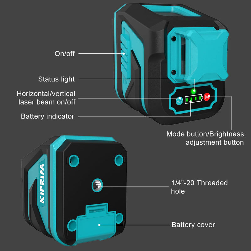 [Australia - AusPower] - Kiprim Green Laser Level LV8D with Enhanced Visibility,5 Laser Lines,Adjustable Brightness,Manual/Self Leveling/Pulse Mode,Batteries and Carrying Pouch Included 5 Laser Beams 