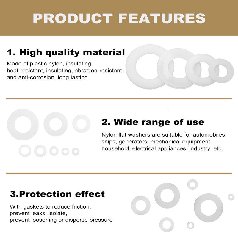 [Australia - AusPower] - QTEATAK 510 Pcs White Nylon Flat Washer Assortment Kit for Electrical Connections on Household & Commercial Appliances, (M2 M2.5 M3 M4 M5 M6 M8 M10) 