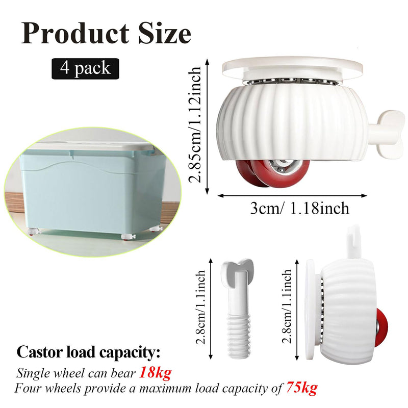 [Australia - AusPower] - 4pcs Self Adhesive Castor Wheels, 360° Universal Swivel Kitchen Appliance Casters, Mini Roller Ball Sticky Pulley Slider with Locking Brake for DIY Small Furniture Trash Can Storage Box Tin Red wheel with brakes 4x White 