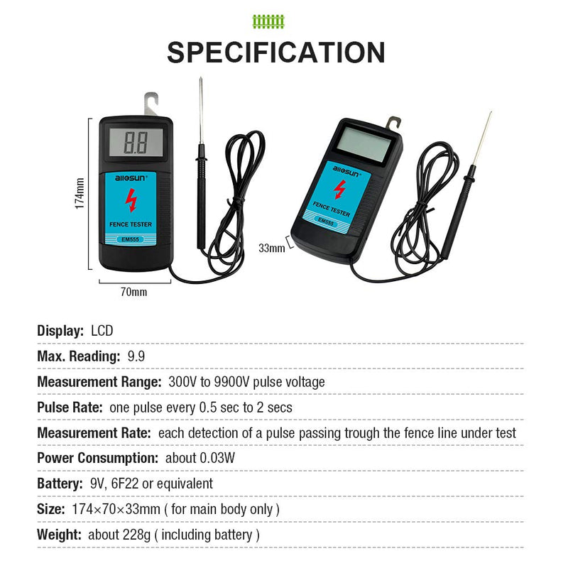 [Australia - AusPower] - allsun EM555 Digital Electric Fence Tester Fault Voltage Meter GK13 Non-Contact Voltage Tester for Christmas Light Repairing Tool 