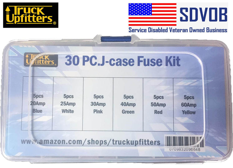 [Australia - AusPower] - Truck Upfitters 30pcs Automotive Fuses Assortment Kit | Low Profile Auto Fuses for Pickup Trucks, Cars, SUVs | J Case Box Shaped Car Fuse Kit | 20A, 25A, 30A, 40A, 50A, 60 Amp Fuse (5 Each) 