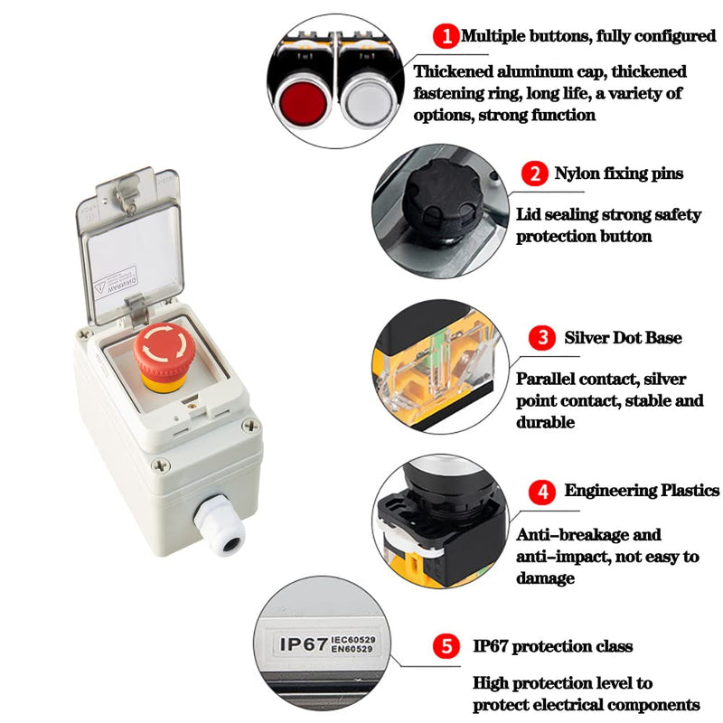 [Australia - AusPower] - Emergency Stop Button with Box e-Stop Box Emergency Stop Switch with Estop Button with Plastic Box e-Stop Button Box Emergency Stop Push Button Switch Push Button Station Box Red instantaneous switch box 