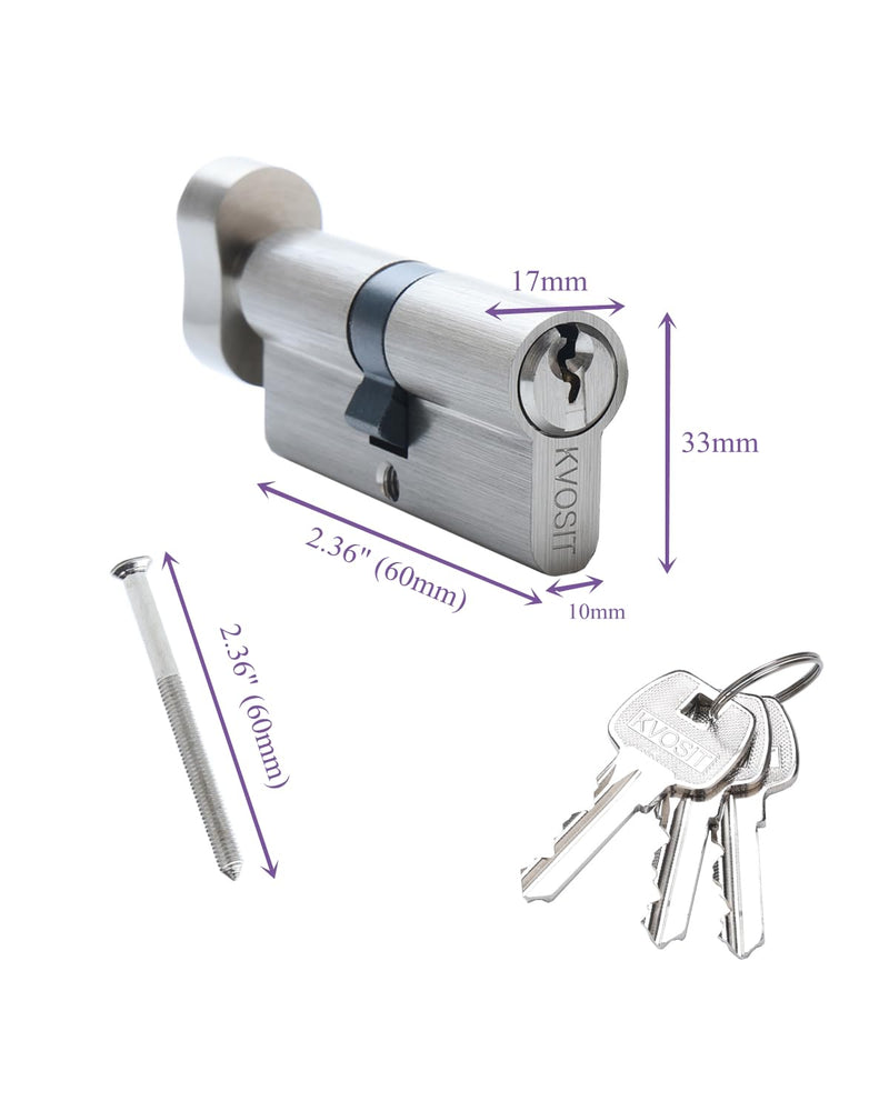60MM Solid Brass Lock Cylinder with 3 Brass Keys Satin Nickel Color Cylinder Door Lock Replacement (Color:Satin Nickel, 60MM-Thumbturn,Material: Brass)