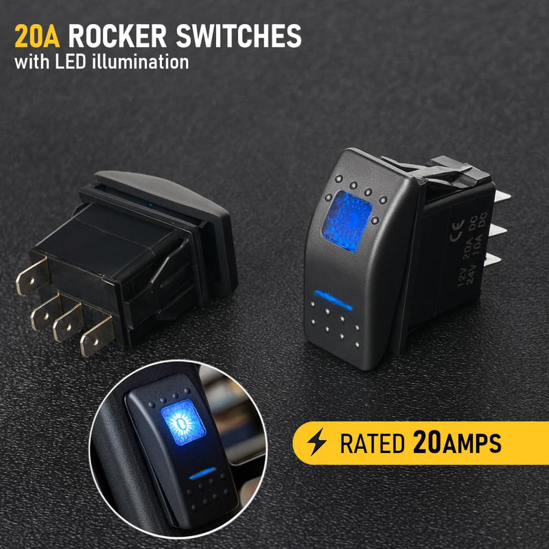 MGI SpeedWare 3-Pack Marine Rocker Switches with Illuminated LED, 20A 12vDC, SPDT Latching ON/Off/ON - Blue