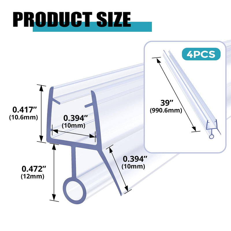 3/8" Shower Door Bottom Seal, 4 PCS Shower Door Sweep Strip, Frameless Glass Doors Seal Strip for 3/8'' (10mm) Thick Glass, 39 inch i-4PCS-3/8" 39in