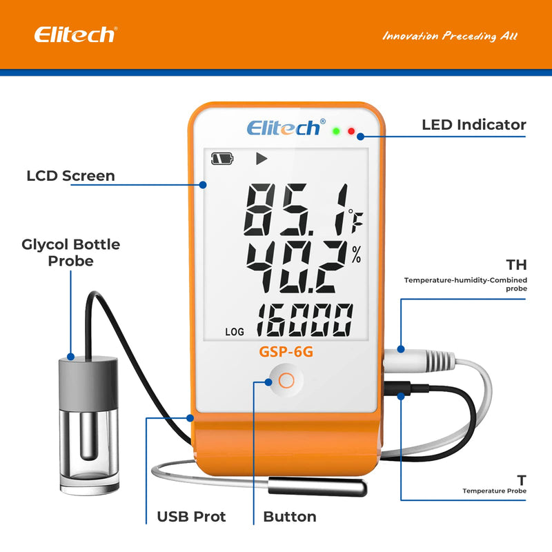 [Australia - AusPower] - Elitech GSP-6G Professional Thermo-Hygrometer - Precise Temperature and Humidity Meter with Alarm Function, Data Logger for Indoor & Outdoor Use (LCD Display, High Accuracy) Temperature logger with wet GSP6G 