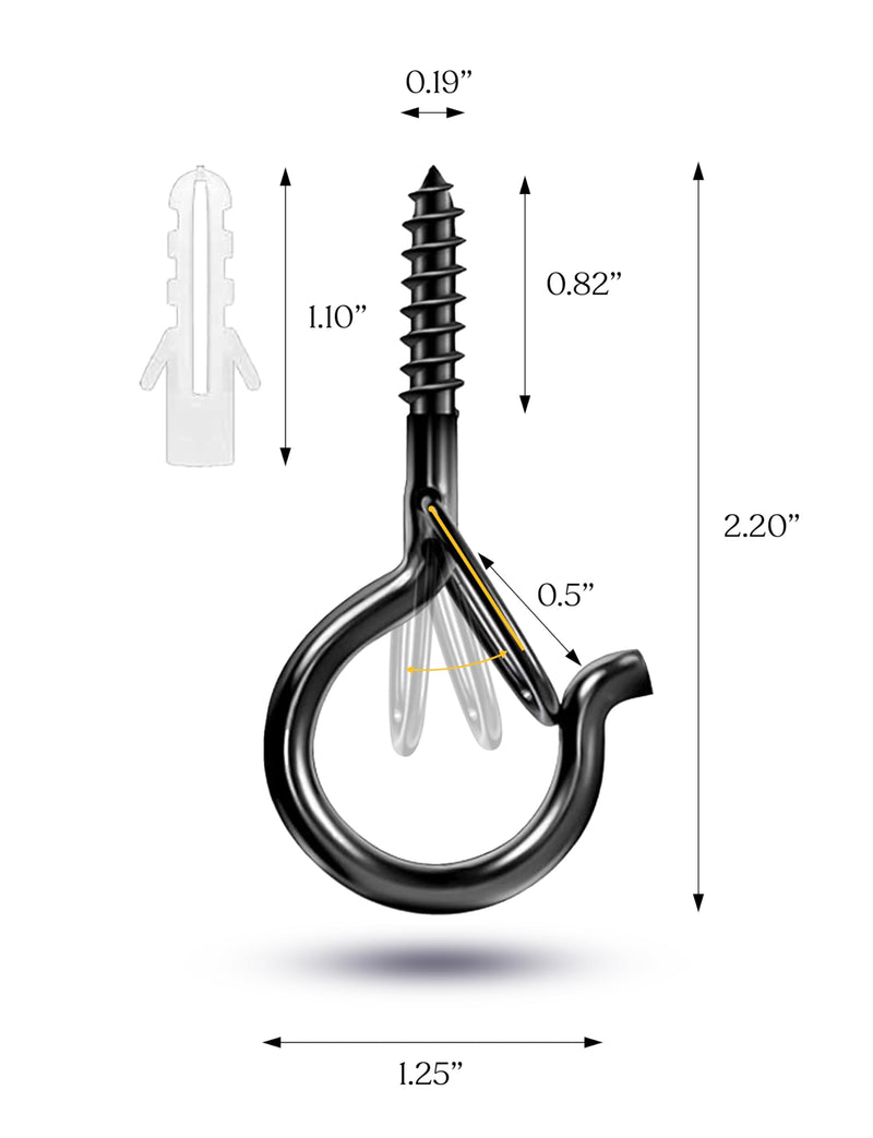 [Australia - AusPower] - Brightech String Light Screw Hooks - Ceiling Hooks for Hanging Solar, Plug-in Lights, Outdoor String Lights - Q Hooks with Safety Buckle Design for Porch, Patio - 15 Pack, Black 15 Pcs 