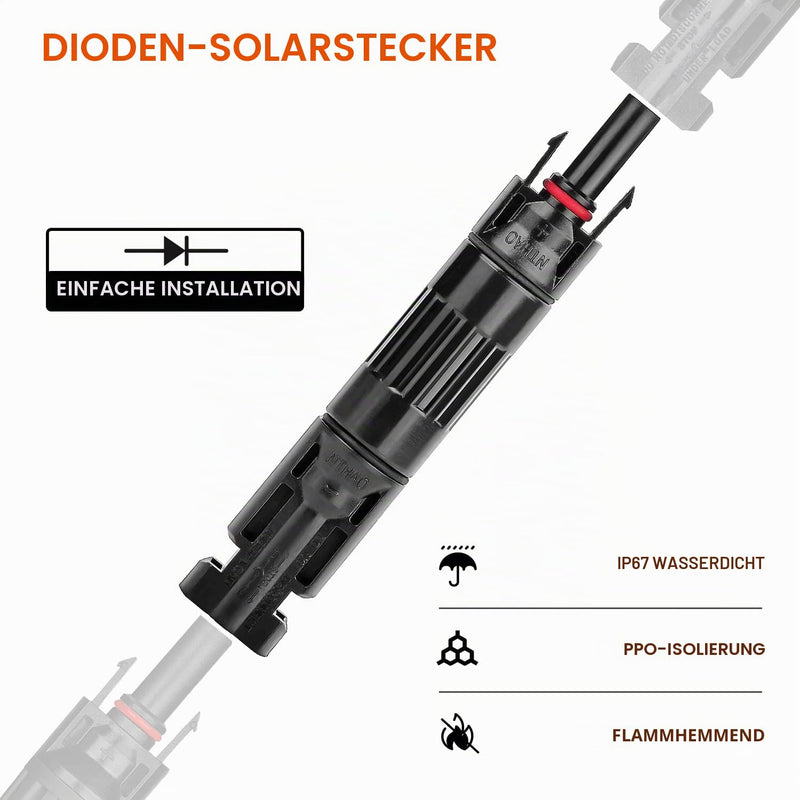 Pack of 2 30A Diode Plugs for Solar Panel Connection, 15A/20A/30A 1000V Blocking Diodes, Reverse Current Protection Diode Solar Plug Against Hot Spot Effect, IP67, for PV Solar System DIY Cable 30 A solar plug Diodes Solarplug