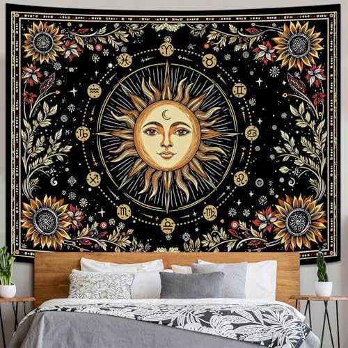 Lunerfex Celestial Sun Tapestry - Zodiac Wheel Wall Hanging for Bedroom and Living Room - Boho Spiritual Decor Tapestries 80"x60" 80"L x 60"W Light Yellow