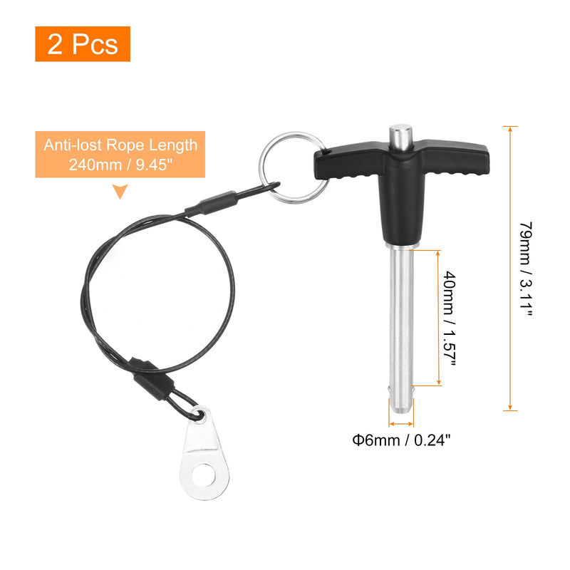 uxcell 2 Pcs T Handle Quick Release Pin, 6x40mm/1/4" x 1.57"(Dia. x L) 304 Stainless Steel Push-Button Quick Release Pin with Lanyard Cable for Audio Bimini Top Marine Hardware, Silver 6.0x40.0 mm