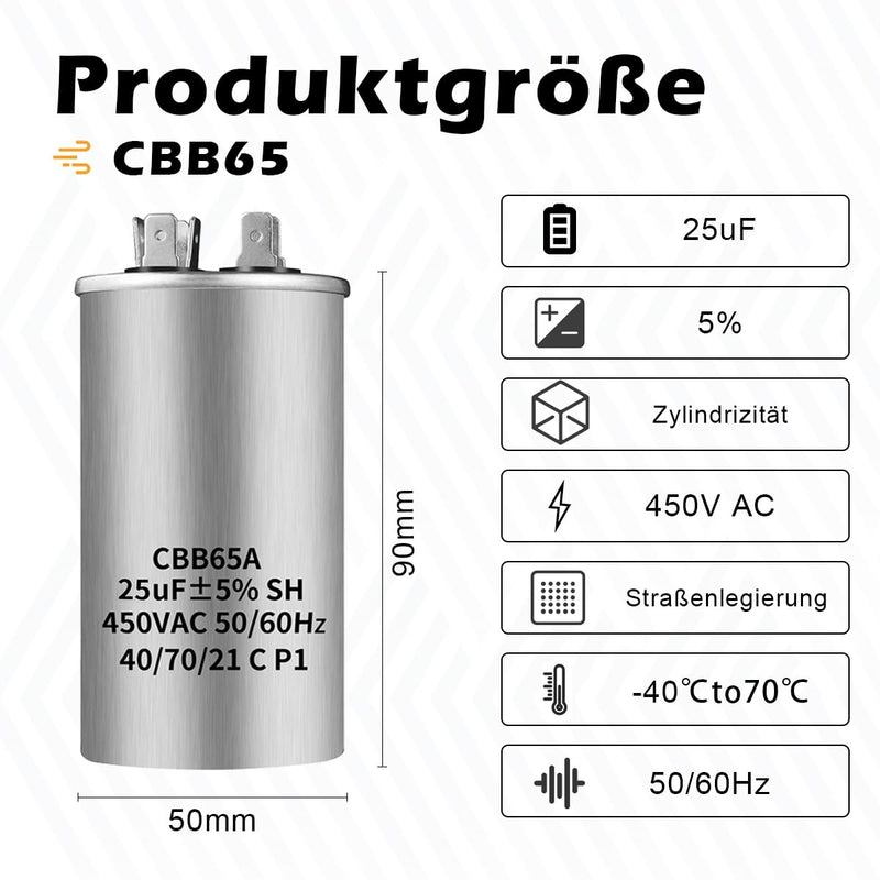 CBB65 450V AC 25uf 50/60HZ Outdoor Start Capacitor, Air Conditioning Capacitor, Air Conditioning Capacitor, Round Capacitor 25 UF