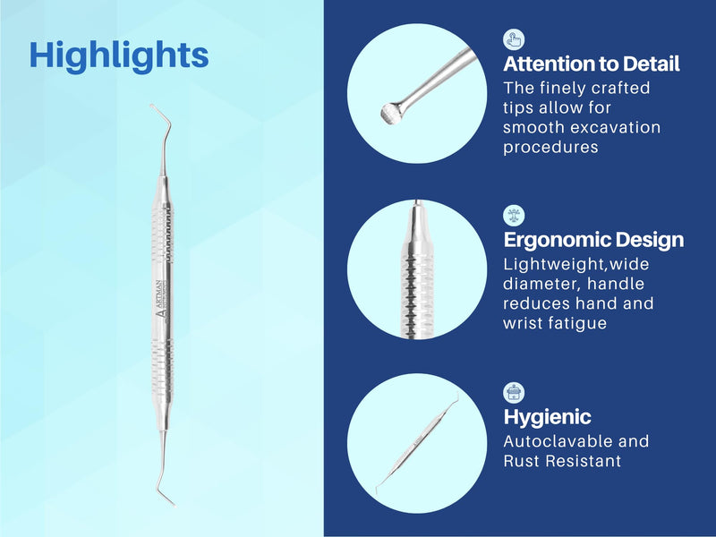 [Australia - AusPower] - Dental Excavator Double Ended1.5 and 2 mm Set of 3 Restorative Endodontic Tool Slip Resistant Handle Artman Instruments 