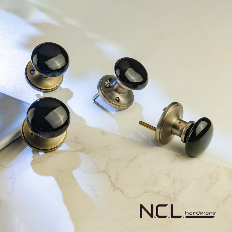NCL Black Door Knobs, Door Knob Interior, Porcelain Round Door Levers, Antique Brass Privacy Door Handles, Door Locks for Bedroom and Bathroom Black Knob