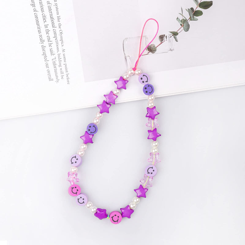 [Australia - AusPower] - Phone Charm Lanyard, 1Pcs Smiley Face Beaded Phone Charm Strap Colorful Star Smiley Soft Ceramic Keychain for Women Girls Purple 
