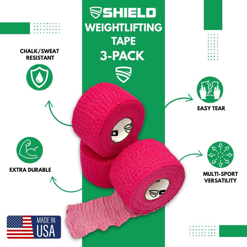 SHIELD | Weightlifting Tape - Made in USA, Hook Grip, Cross-Training, WOD Grip Tape 3-Pack– Durable, Non-Slip, Comfortable Stretchy Athletic Tape – Thumb, Wrist, Finger Protection (Pink) Pink