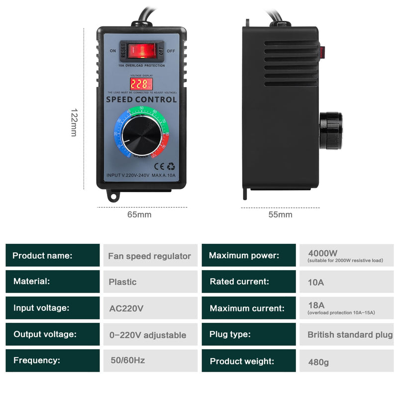 [Australia - AusPower] - SiRyder Speed Controller 230 V, 10 A Speed Controller with Overload Protection for Fan Speed Controller, Dimmer, Angle Grinder, Ban, Voltage Regulator Adjustable AC 220 V 4000 W 