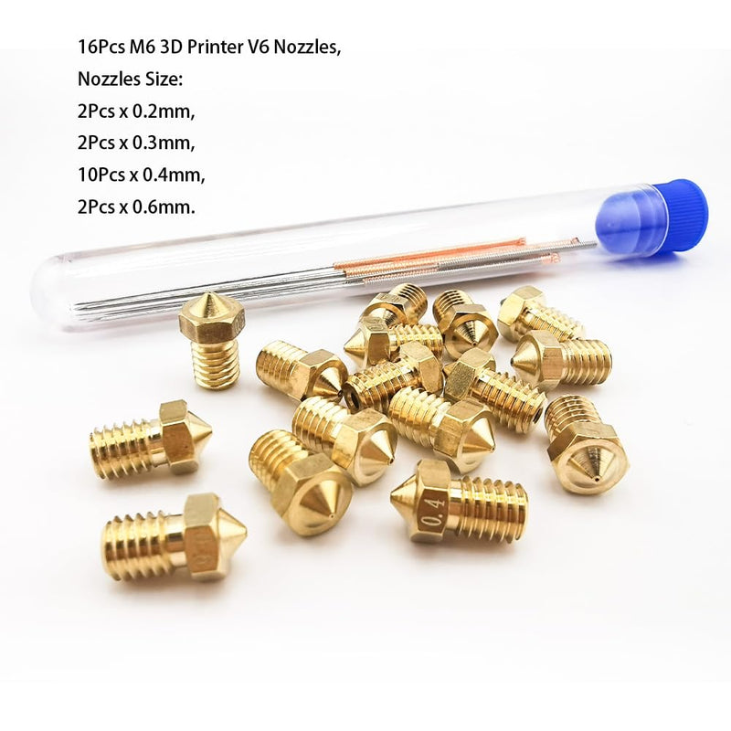 [Australia - AusPower] - 16Pcs V6 Nozzles kit Compatible for E3D V5 V6 Hotend, V6 Nozzle 0.2/0.3/0.4/0.6mm Compatible with ANYCUBIC I3 Mega A8 Prusa I3 MK3/MK3S 3D Printer, and 10Pcs 3D Printer Nozzles Cleaning Needles, 