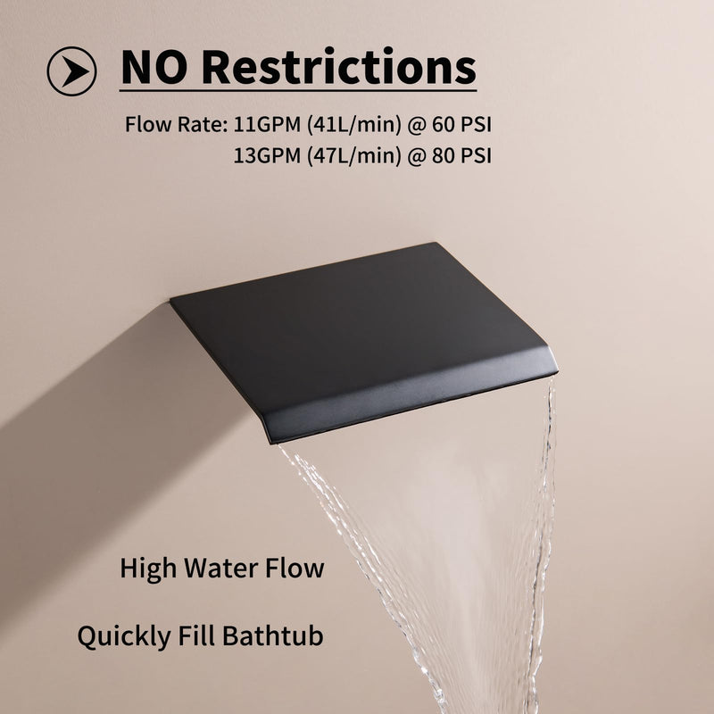 Waterfall Tub Spout Black Tub Faucet for Bathtub, SUS304 Stainless Steel, Matte Black Tub Spout Wall Mount, TS2B-BK Only Spout