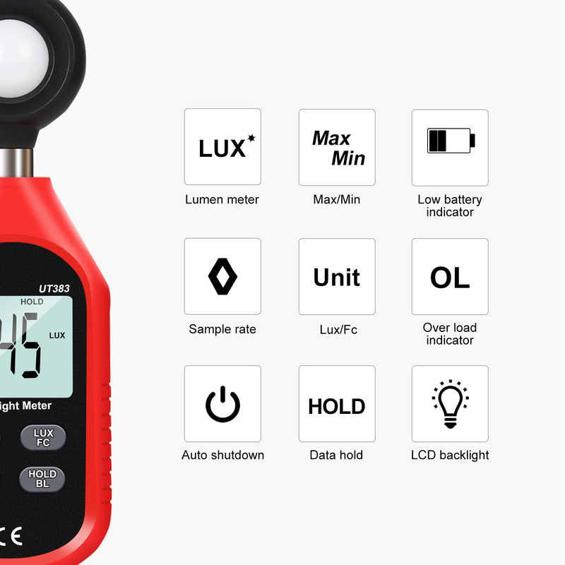 UNI-T UT383 Light Meter Lux Meter Lumens Digital Illuminance Meter 0~199,900 Lux (0~18,500 FC) Foot Candles Luxmeter for Film Photography Plants Photometer Lighting Intensity Brightness Measurement
