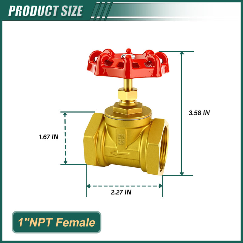 [Australia - AusPower] - 1" NPT Brass Gate Valve, Female x Female, with Wheel Handle, Heavy Duty Globe Valves Tool, for Fuel/Airl/Water/Gas/Oil (DN25) 1"(DN25) 