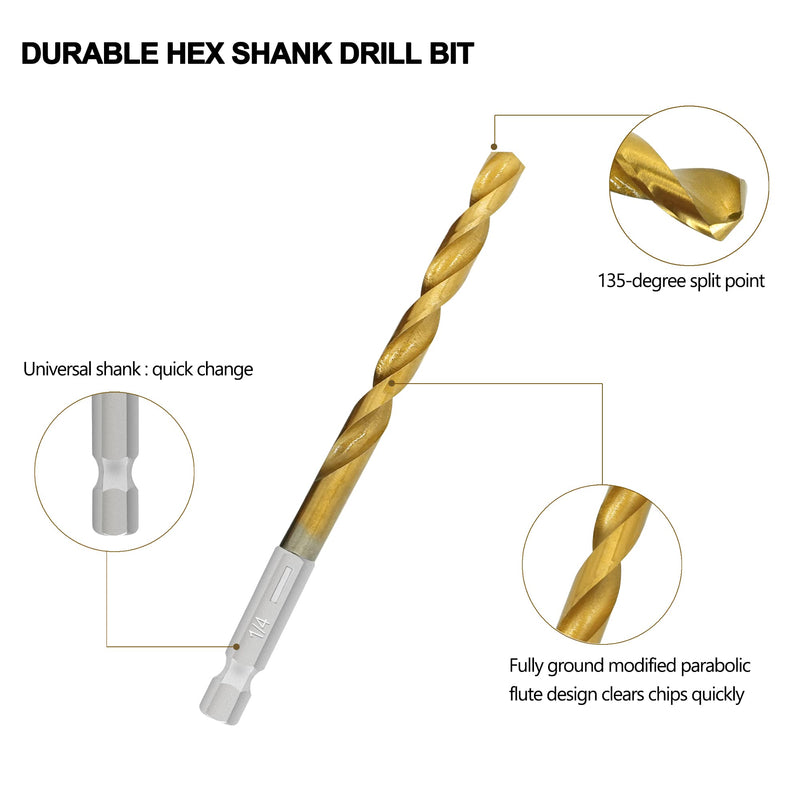 [Australia - AusPower] - 13 Pcs Titanium Coated Twist Hex Shank Drill Bit Set, 135 Degree Tip HSS Impact Drill Bit Set with Storage Case for Metal, Aluminum, Steel, Wood, Plastic, Quick Change Design 1/16" to 1/4" 13PCS 