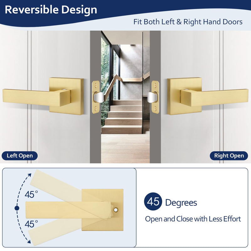 1 Pack Brushed Gold Door Handles, Passage Door Knob Without Lock, Interior Hallway/Closet Door Handle, Keyless Square Door Lever, Left/Right Reversible Satin Brass Passage Door Lever 1