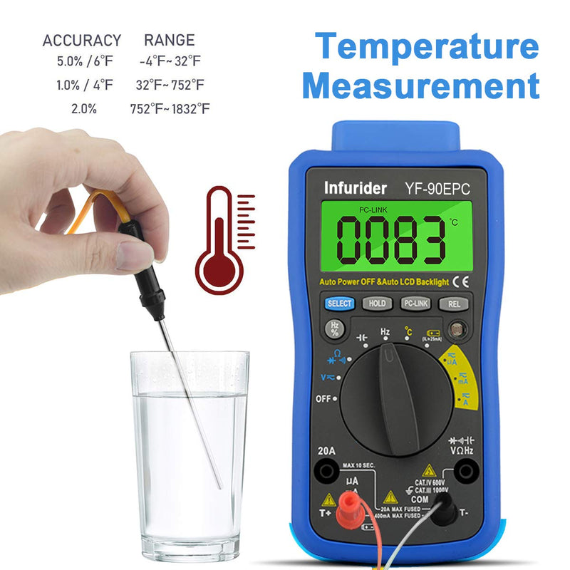 [Australia - AusPower] - Digital Multimeter Tester, Ohm Amp Volt Meter with PC Link, 4000 Counts Auto-ranging Voltmeter Ammeter DMM for AC DC Volt, Amp, Ohm, Cap,Temp and Battery Test 
