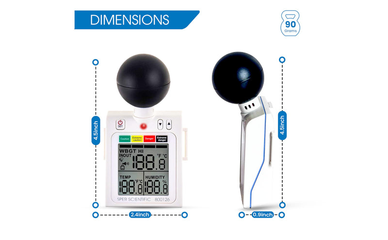 [Australia - AusPower] - WBGT Meter, Heat Stress Monitor for Indoor/Outdoor, Handheld Temperature and Humidity Monitor with RH Meter Digital Level Dangerous Indicator Display - Sper Scientific 800126 