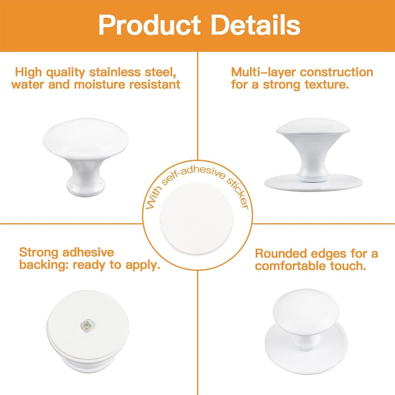 MOROBOR Adhesive Cabinet Knobs, 24pcs Self-Stick Instant Kitchen Drawer Pulls Stainless Steel Knobs for Windows Wardrobes Cabinets Drawers (White) White