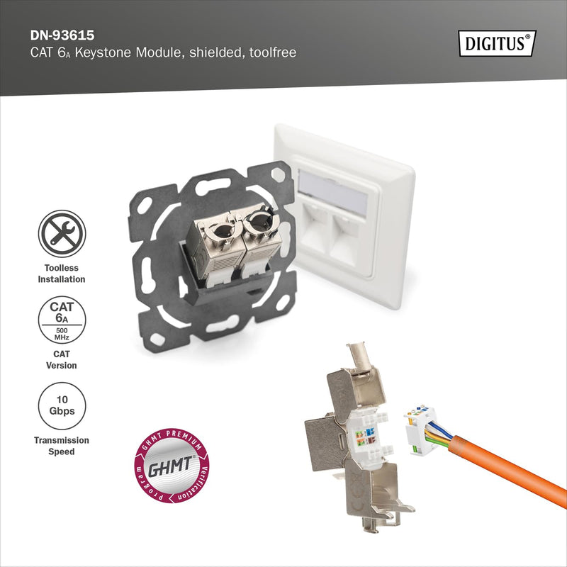 Assmann DN-93615 Digitus Cat 6a Shielded Keystone Module | Tool Free - LSA - PoE++ - AWG 26-22 - RJ45 Female - 10Gbps - For junction boxes and patch panels Standard version 1 pc.