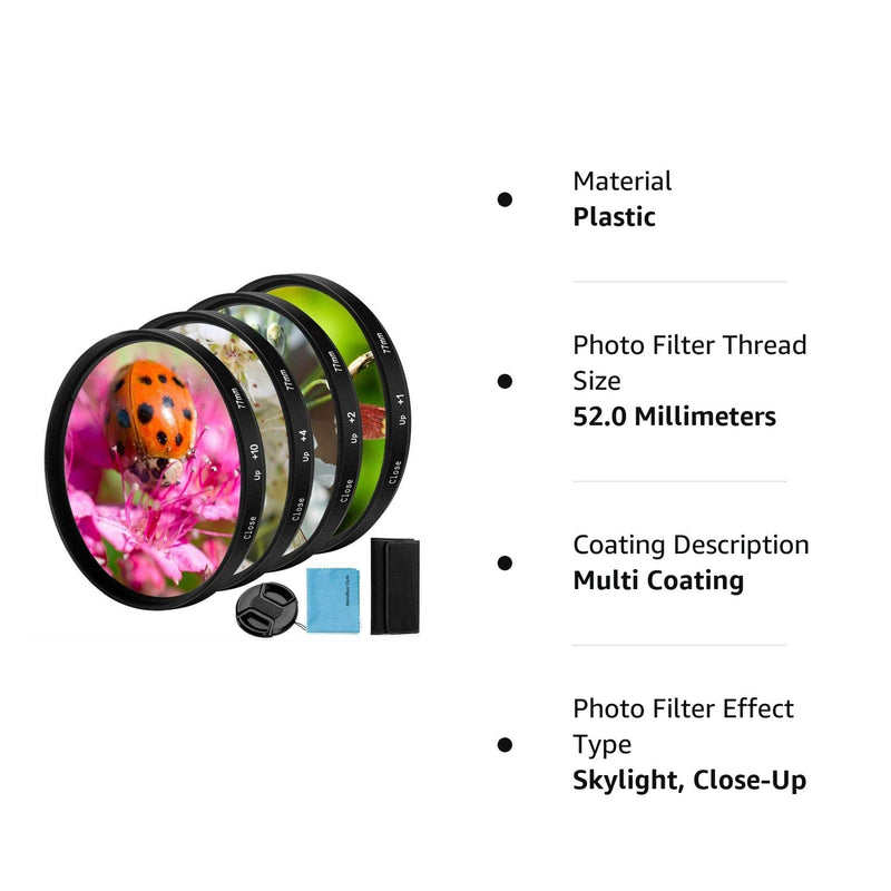 [Australia - AusPower] - 52mm Close-up Filter Kit 4 Pieces(+1,+2,+4,+10) Macro Filter Accessory Close-up Lens Filter Kit Set with Lens Filter Pouch for Canon Nikon Sony Pentax Olympus Fuji DSLR Camera+Lens Cap 52mm 
