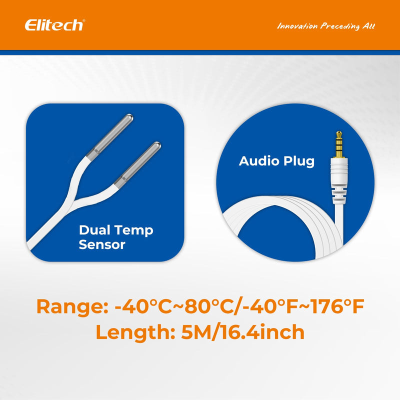 [Australia - AusPower] - Elitech Dual Temperature Probe for RCW-360Pro, -40°F to 176°F, 16.4ft Cable Auto-Detection Digital Sensor with Individual Calibration Certificate for Medical Pharma Validation, TD3X-TDE-R-5M Separated Probe(1pcs) Dual Temp Probe, 5M 1 