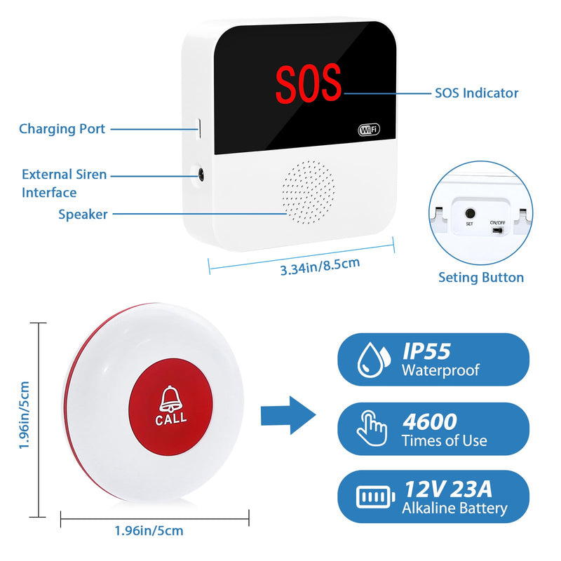[Australia - AusPower] - WiFi Rechargable Smart Wireless Caregiver Call Button Nurse Calling Life Emergency Alert System for Seniors Elderly Patient Disabled Kids 3 SOS Panic Buttons 1 Receiver (only Supports 2.4GHz Wi-Fi) 3 Button & 1 Receiver 
