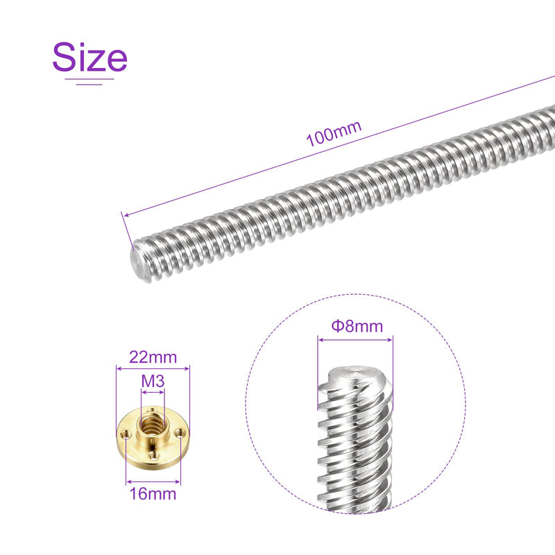 [Australia - AusPower] - DMiotech 2 Pack 100mm Fully Thread Rod T8x4mm Lead Screw with Brass Nut Kit for 3D Printer, CNC Machine T8x4mmx100mm 