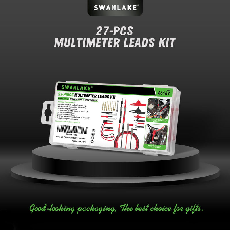 [Australia - AusPower] - SWANLAKE 27-Piece Multimeter Test Leads Set, CAT.III 1000V / CAT.IV 600V Multimeter Probes with Alligator Clips, Needle Probe, Replaceable Probe Accessories, Soft Silicone Volt Meter Lead 