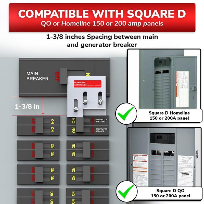 Generator Interlock Kit for Square D QO or Homeline 150 or 200 amp Panel - Generator Lockout Kit, Interlock Switch - 1 3/8" Spacing Between Main and Generator Breaker