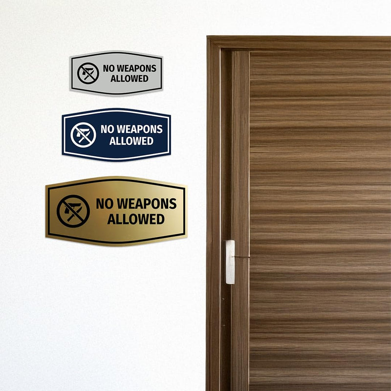 Signs ByLITA Fancy No Weapons Allowed Sign with Adhesive Tape (Brushed Silver) - Small (5 Pack) 3 x 6" - Small (5 Pack) Brushed Silver