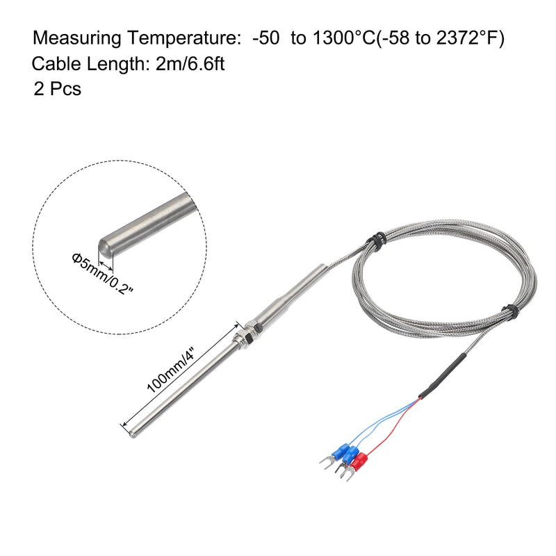 [Australia - AusPower] - MECCANIXITY 2pcs PT100 RTD Thermocouple Stainless Steel M8 Temperature Sensor Probe -50 to 1300C 6.6ft 5x100mm 