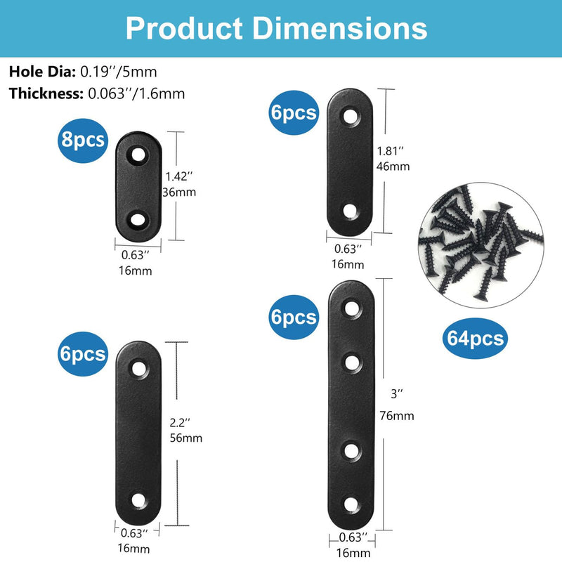 [Australia - AusPower] - 26 Sets Flat Plate Straight Bracket Flat Metal Brace Bracket, 36mm/46mm/56mm/76mm Metal Brackets Mending Repair Plate Brace Black,Kit 26 