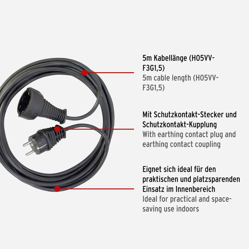 Brennenstuhl Quality Plastic Extension Cable 5 m | With earthing contact plug and socket, extension cable for inside, black 1 piece 5m