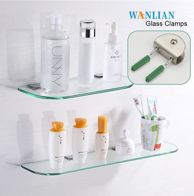 WANLIAN 8 Pcs Brushed Clamp Wall Mounted Glass Shelf Brackets - Floating Shelf Brackets Fits 1/2 inch Glass Shelves (Rectangle Large) Rectangle Large
