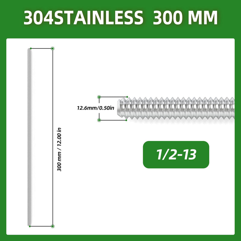 TAISHER 2PCS 304 Stainless Steel Fully Threaded Rod，1/2"-13 Long Threaded Screw 12" Length Right Hand Threads 1/2"-13