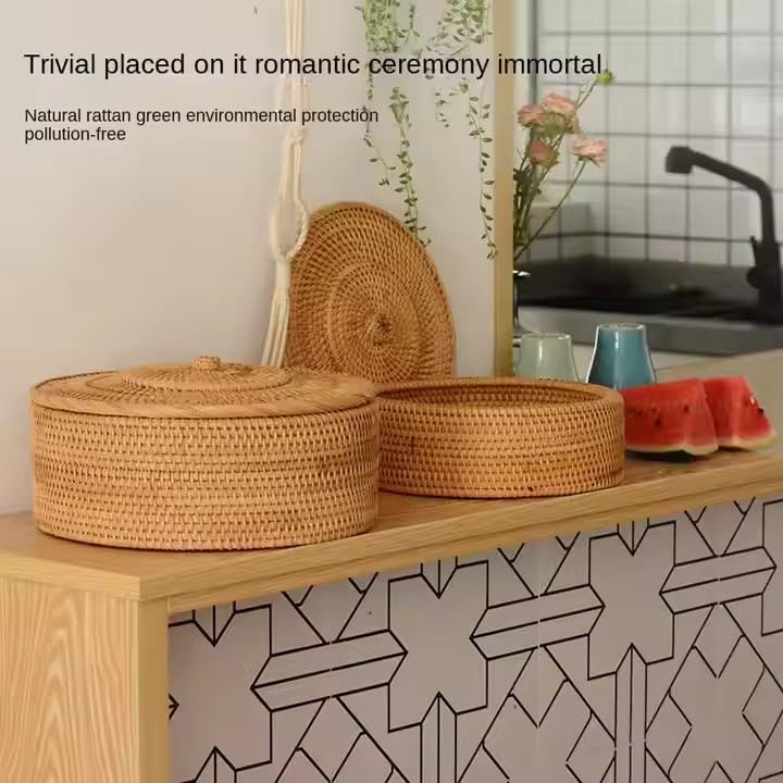 Handmade Natural Rattan Basket With Rattan Lid for Food Storage Container Vietnam Handicraft (Small)