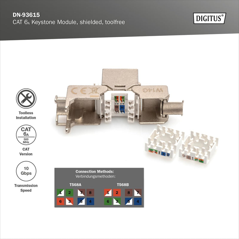 Assmann DN-93615 Digitus Cat 6a Shielded Keystone Module | Tool Free - LSA - PoE++ - AWG 26-22 - RJ45 Female - 10Gbps - For junction boxes and patch panels Standard version 1 pc.
